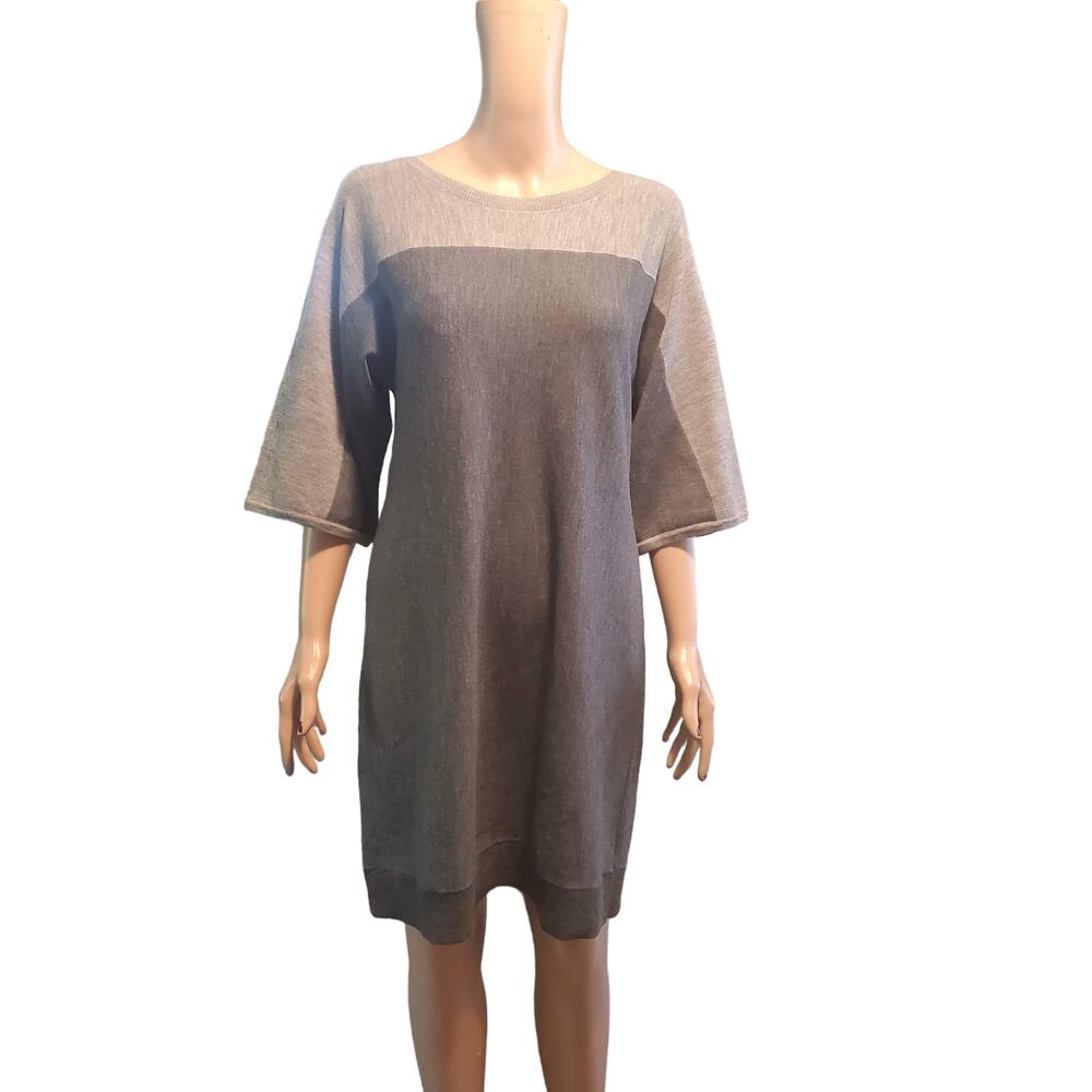 Talbots MP Petite 3/4 Sleeve Gray Wool Blend Lightweight Shift Sweater Dress